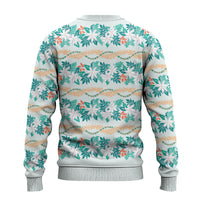 Monstera Tiare Plumeria Lei Pattern Ugly Christmas Sweater Teal Version