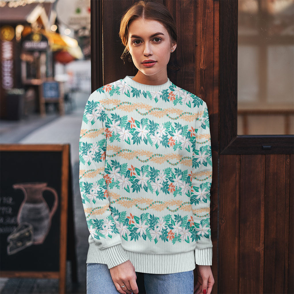 Monstera Tiare Plumeria Lei Pattern Ugly Christmas Sweater Teal Version