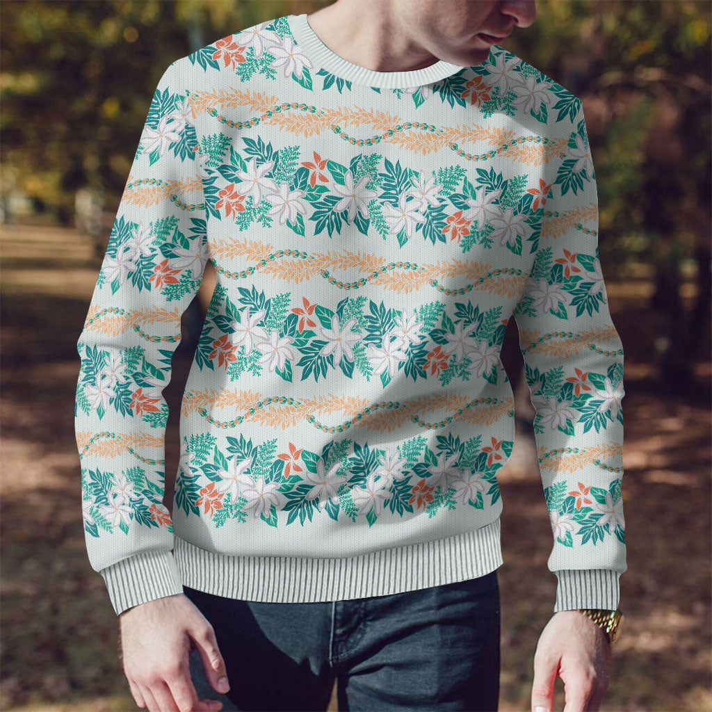 Monstera Tiare Plumeria Lei Pattern Ugly Christmas Sweater Teal Version