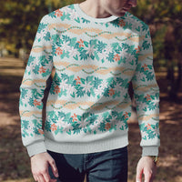 Monstera Tiare Plumeria Lei Pattern Ugly Christmas Sweater Teal Version
