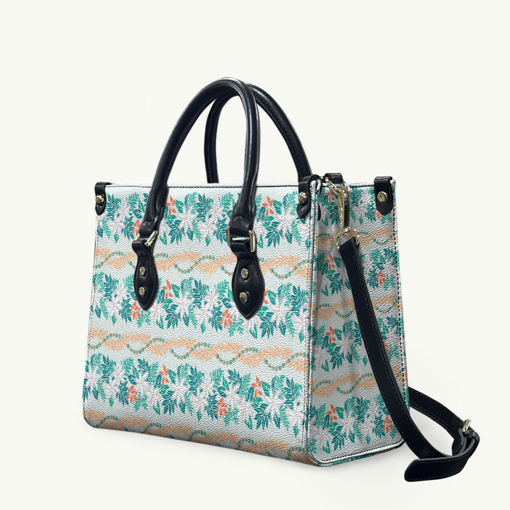 Monstera Tiare Plumeria Lei Pattern Leather Bag Teal Version LT01 Teal - Polynesian Pride