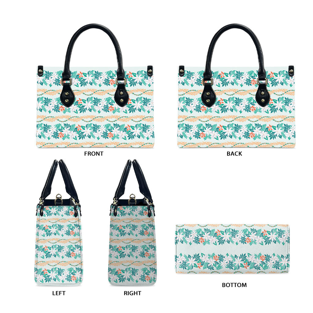 Monstera Tiare Plumeria Lei Pattern Leather Bag Teal Version LT01 - Polynesian Pride