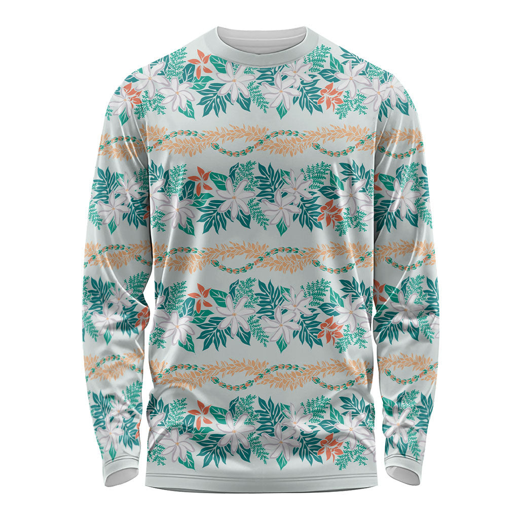 Monstera Tiare Plumeria Lei Pattern Long Sleeve Shirt Teal Version