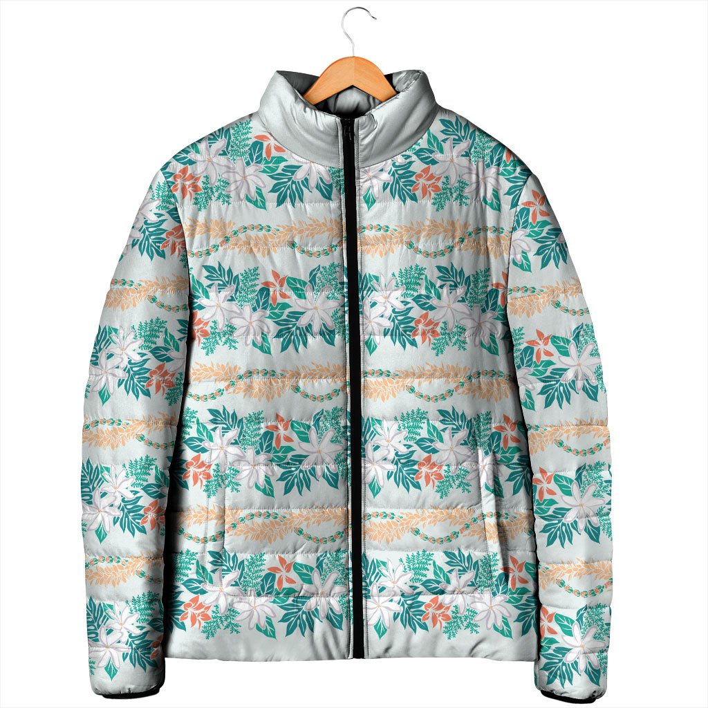 Monstera Tiare Plumeria Lei Pattern Padded Jacket Teal Version LT01 - Polynesian Pride