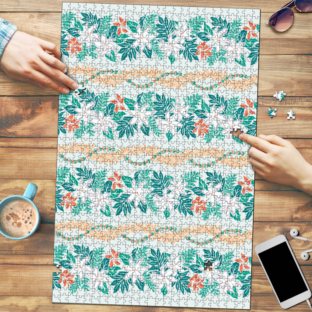 Monstera Tiare Plumeria Lei Pattern Puzzle Teal Version LT01 Teal - Polynesian Pride