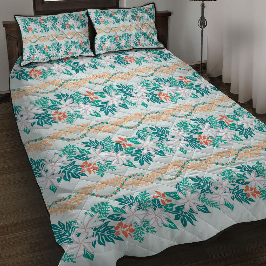 Monstera Tiare Plumeria Lei Pattern Quilt Bed Set Teal Version