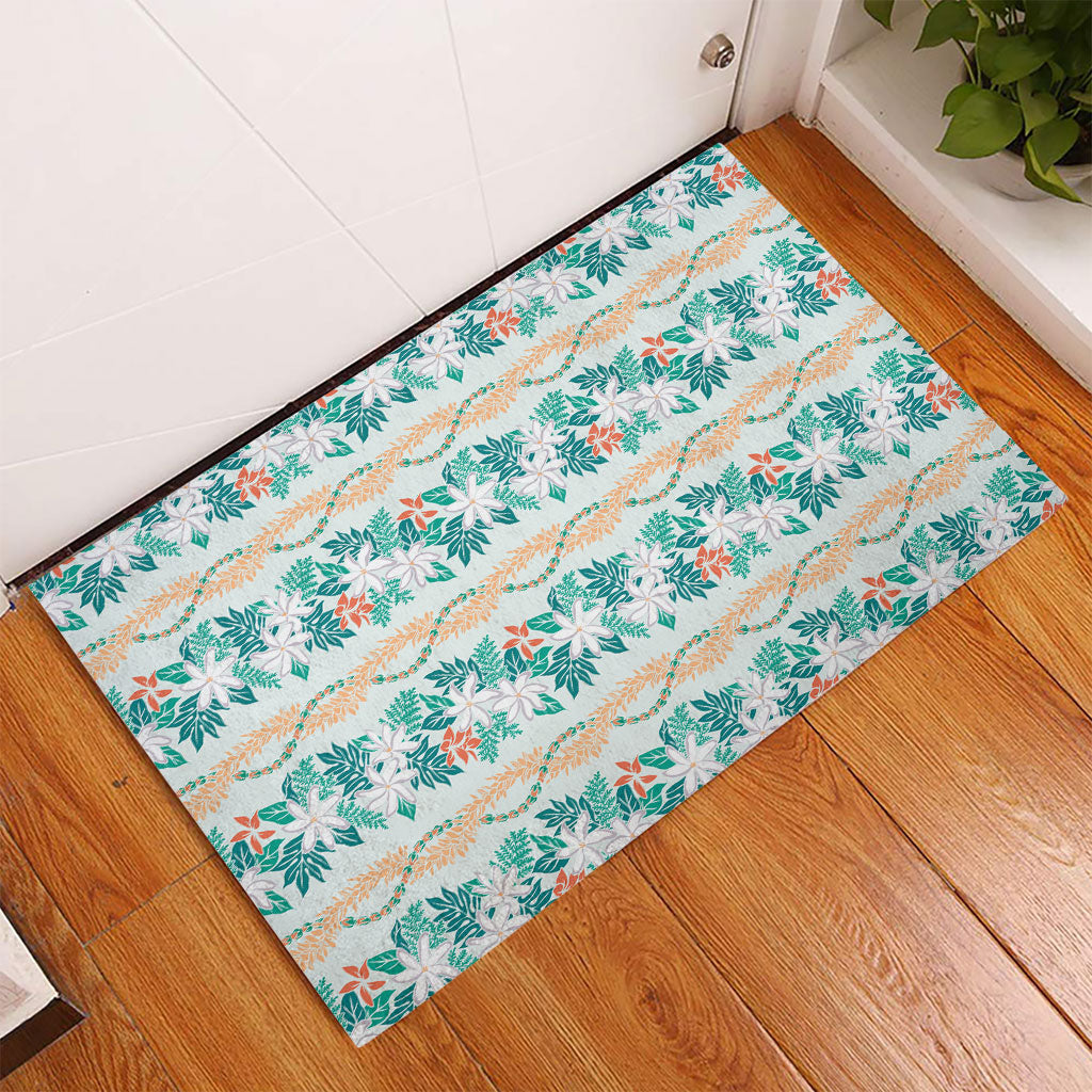 Monstera Tiare Plumeria Lei Pattern Rubber Doormat Teal Version