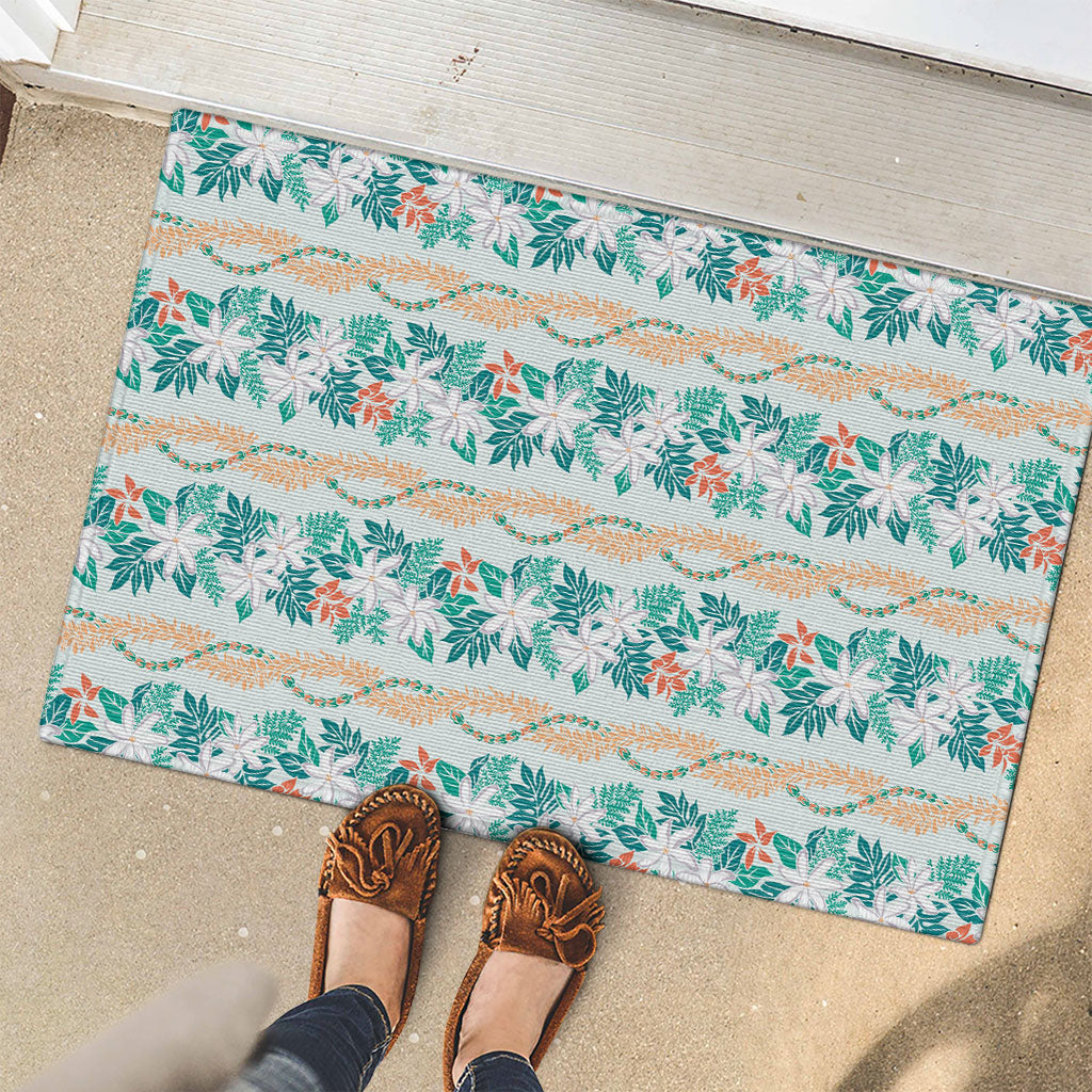 Monstera Tiare Plumeria Lei Pattern Rubber Doormat Teal Version