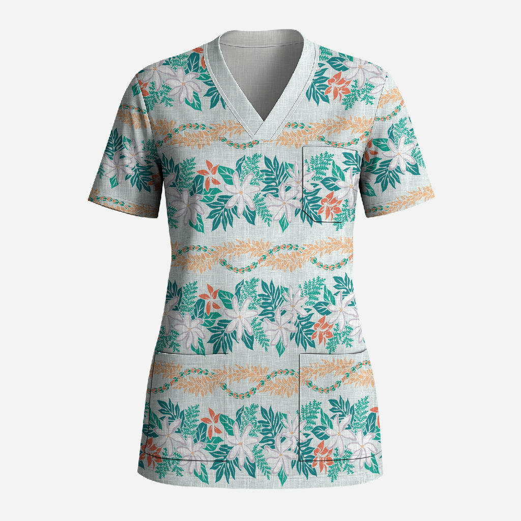 Monstera Tiare Plumeria Lei Pattern Scrub Top Teal Version