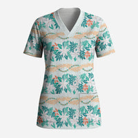Monstera Tiare Plumeria Lei Pattern Scrub Top Teal Version