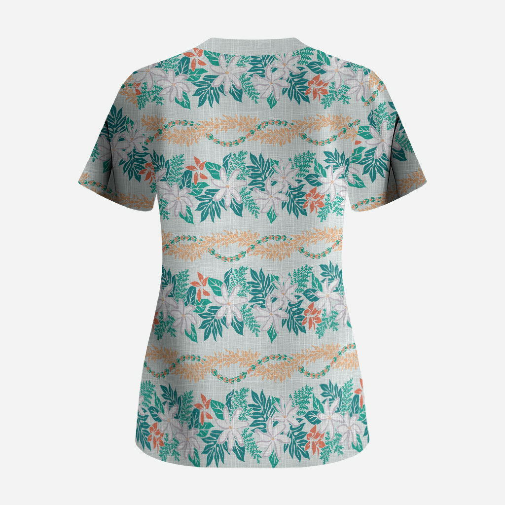 Monstera Tiare Plumeria Lei Pattern Scrub Top Teal Version
