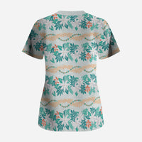 Monstera Tiare Plumeria Lei Pattern Scrub Top Teal Version