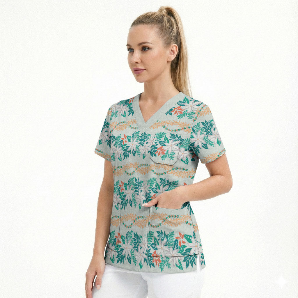 Monstera Tiare Plumeria Lei Pattern Scrub Top Teal Version