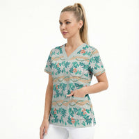 Monstera Tiare Plumeria Lei Pattern Scrub Top Teal Version