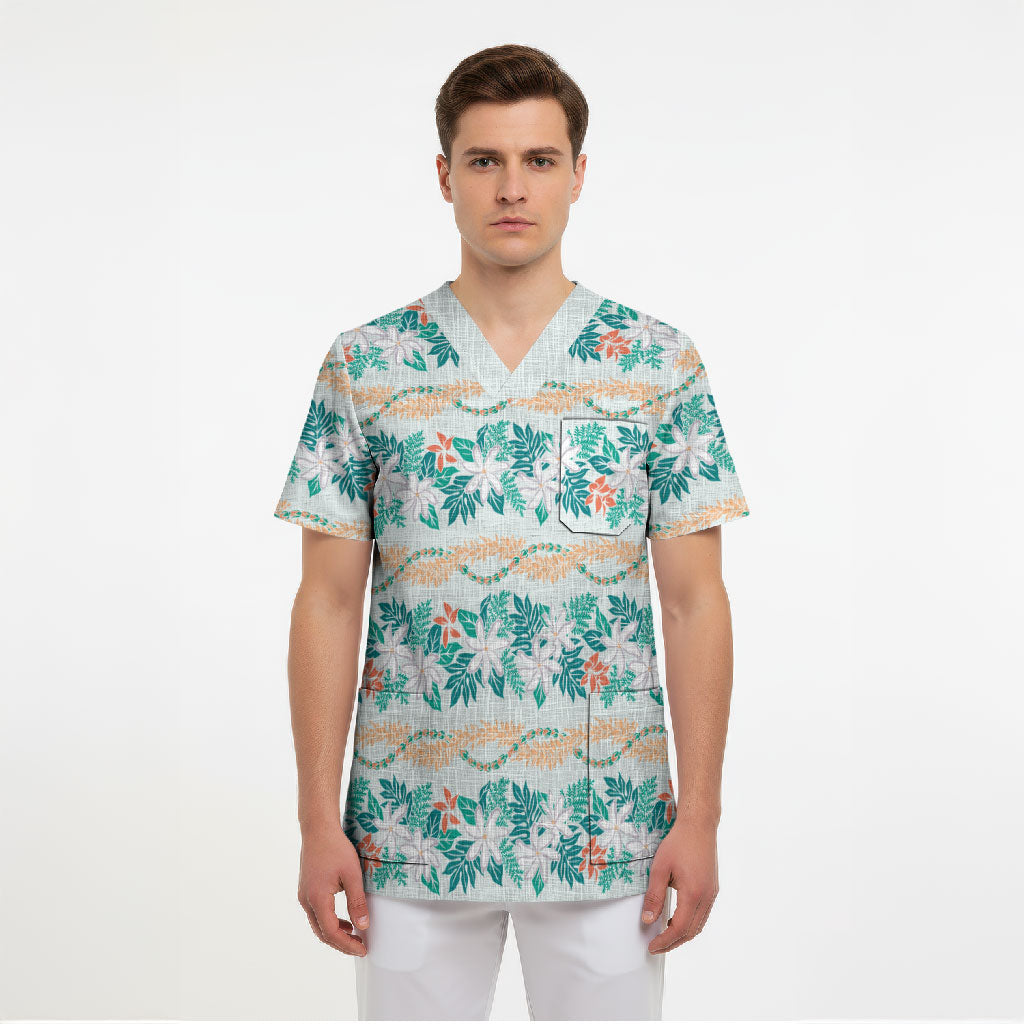 Monstera Tiare Plumeria Lei Pattern Scrub Top Teal Version