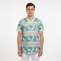 Monstera Tiare Plumeria Lei Pattern Scrub Top Teal Version