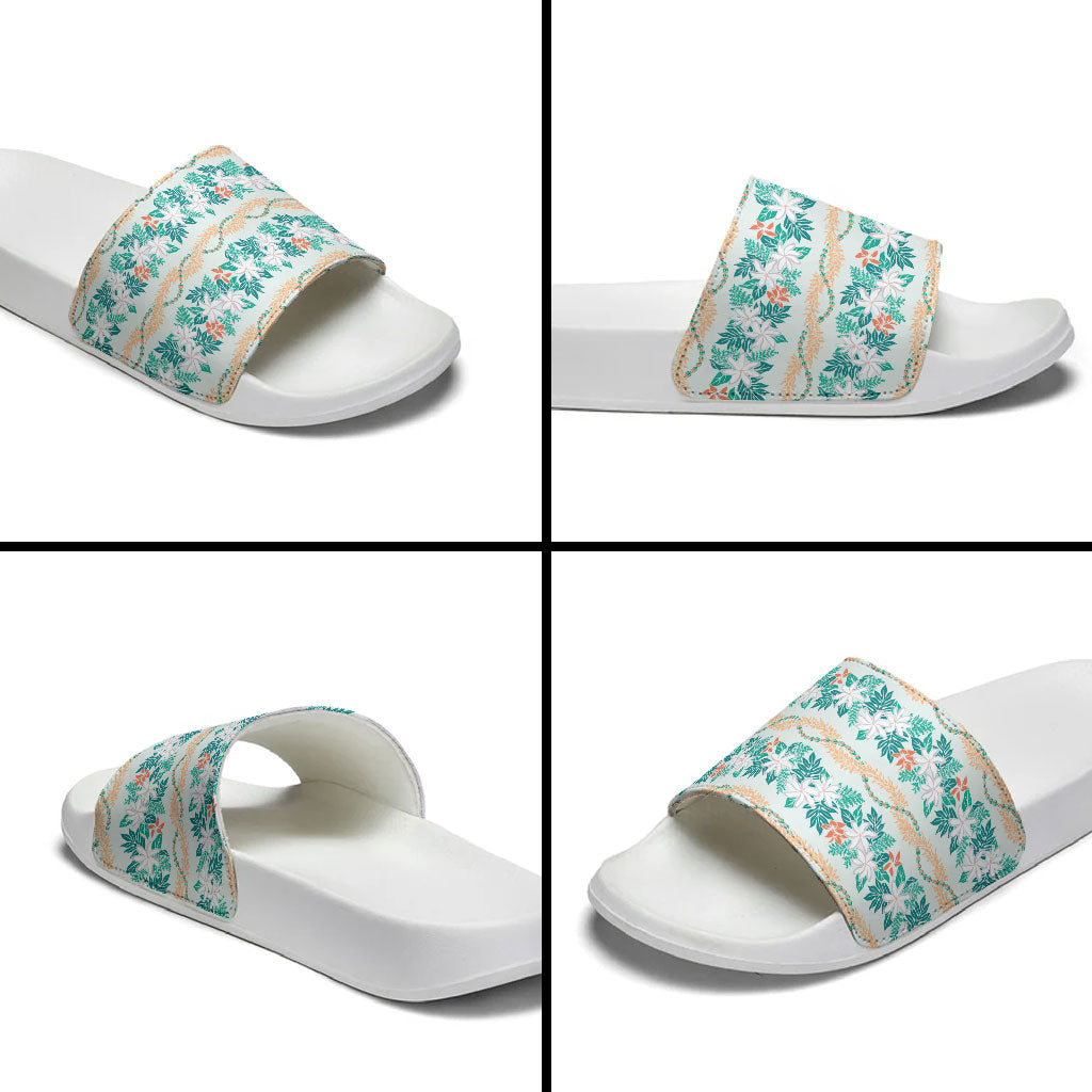 Monstera Tiare Plumeria Lei Pattern Slide Sandals Teal Version LT01 - Polynesian Pride