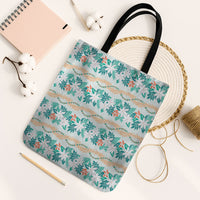 Monstera Tiare Plumeria Lei Pattern Tote Bag Teal Version