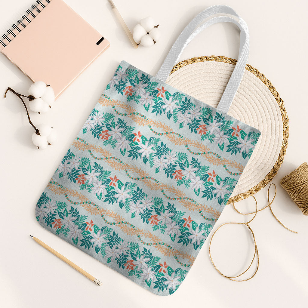Monstera Tiare Plumeria Lei Pattern Tote Bag Teal Version