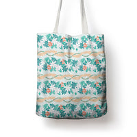 Monstera Tiare Plumeria Lei Pattern Tote Bag Teal Version
