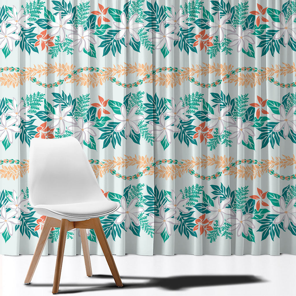 Monstera Tiare Plumeria Lei Pattern Window Curtain Teal Version