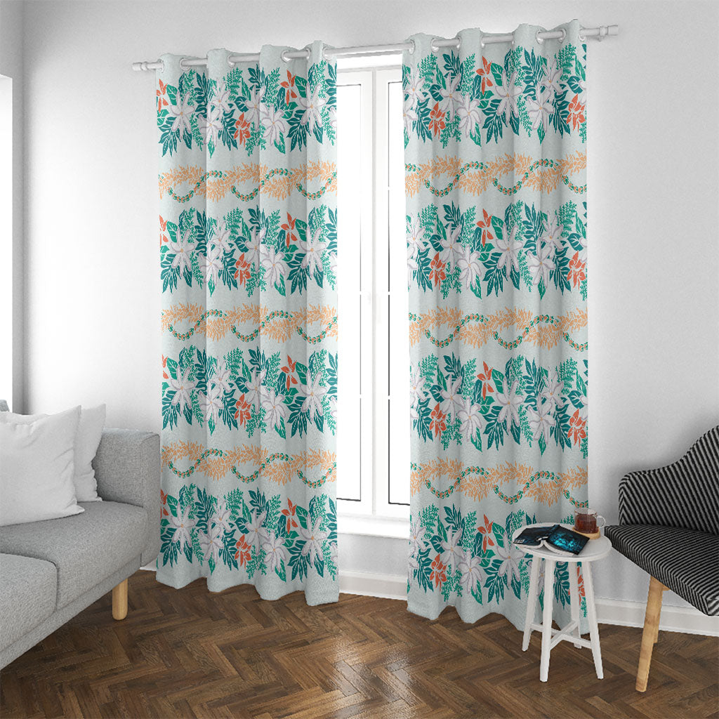 Monstera Tiare Plumeria Lei Pattern Window Curtain Teal Version