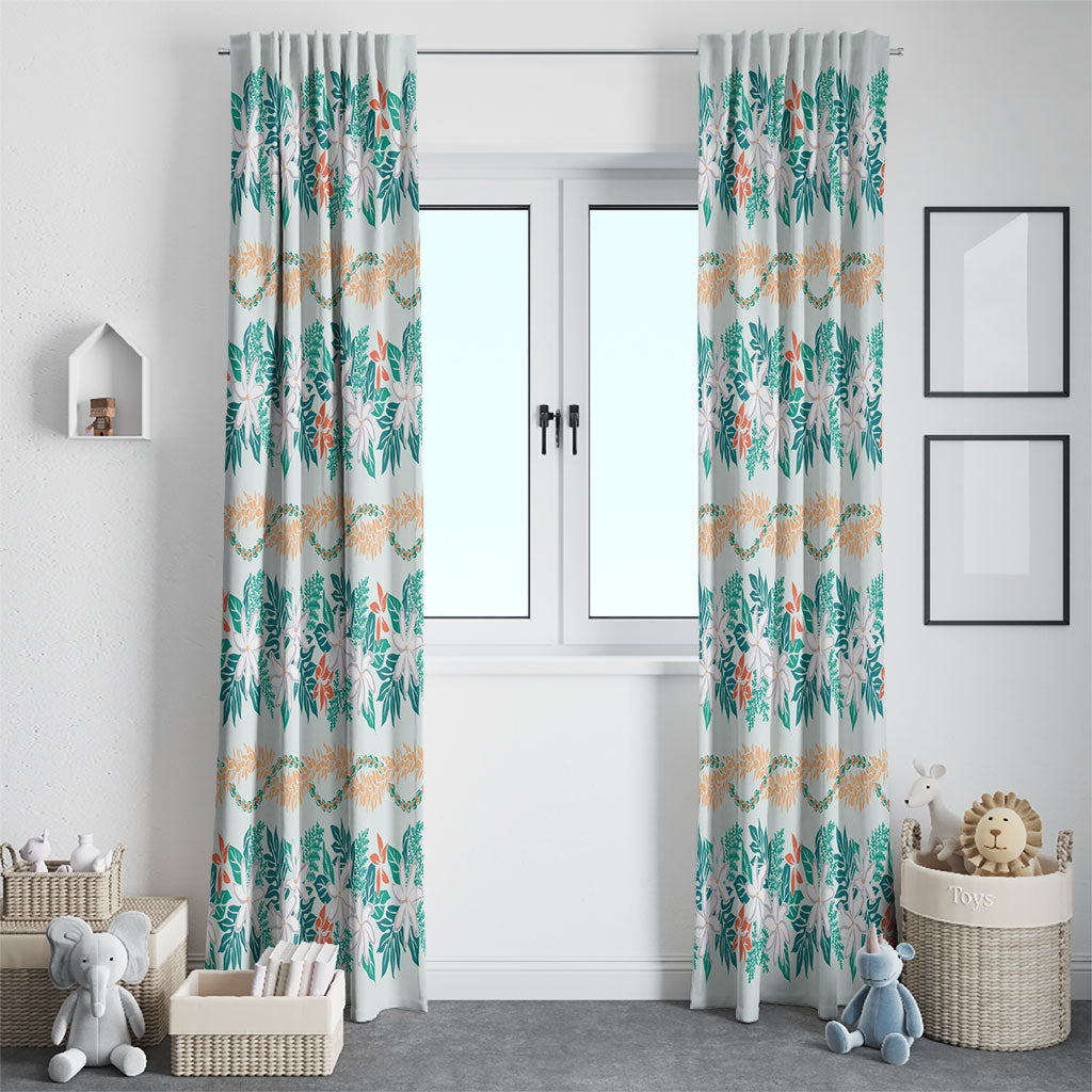 Monstera Tiare Plumeria Lei Pattern Window Curtain Teal Version