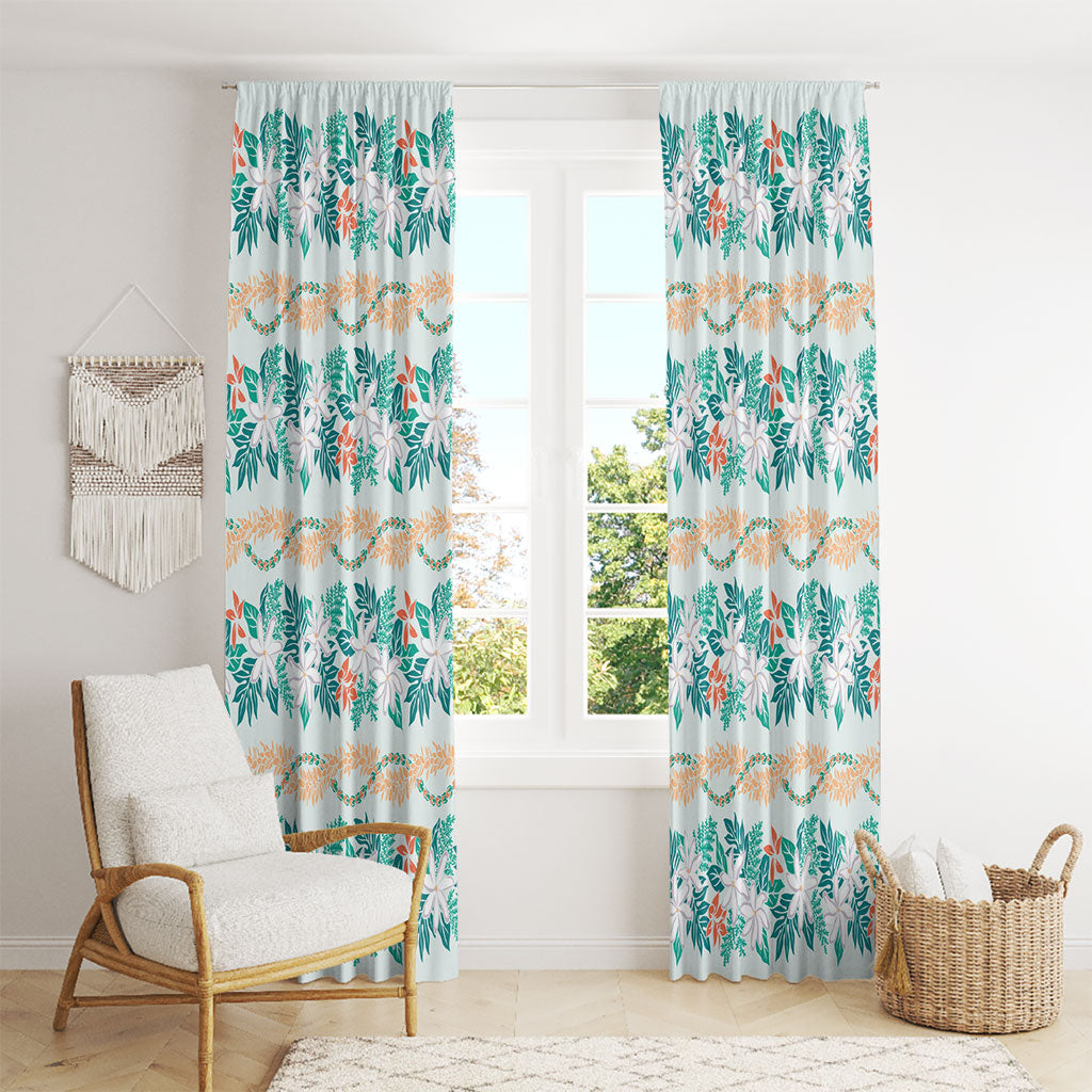 Monstera Tiare Plumeria Lei Pattern Window Curtain Teal Version