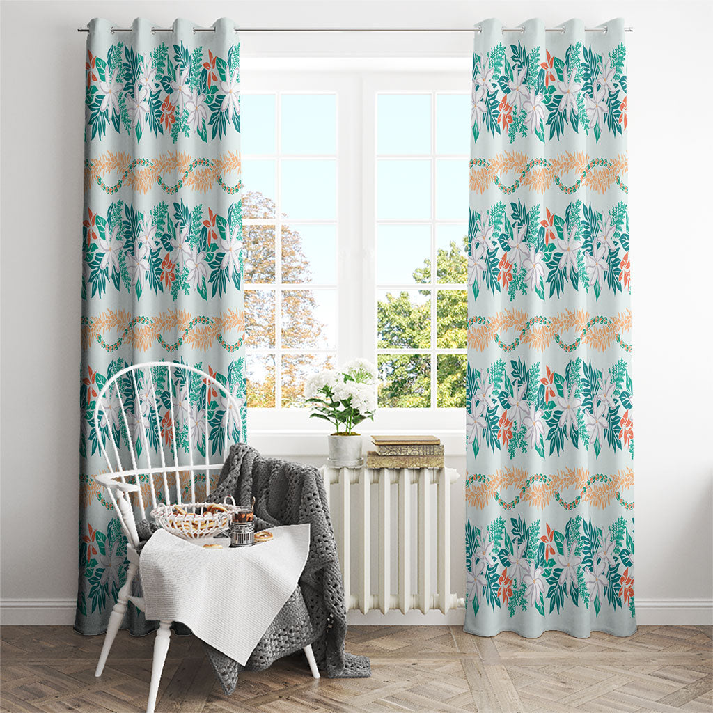 Monstera Tiare Plumeria Lei Pattern Window Curtain Teal Version