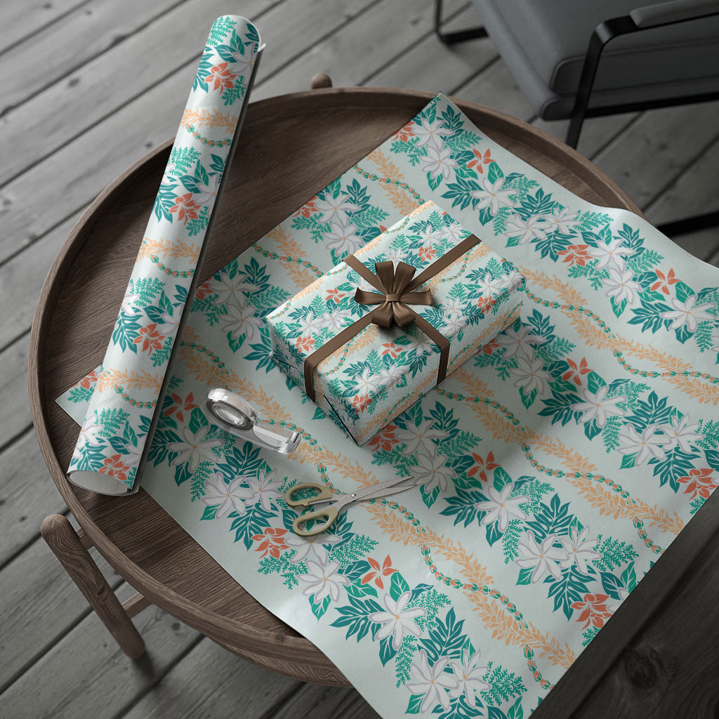 Monstera Tiare Plumeria Lei Pattern Wrapping Paper Teal Version LT01 - Polynesian Pride