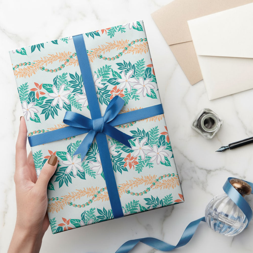 Monstera Tiare Plumeria Lei Pattern Wrapping Paper Teal Version LT01 - Polynesian Pride