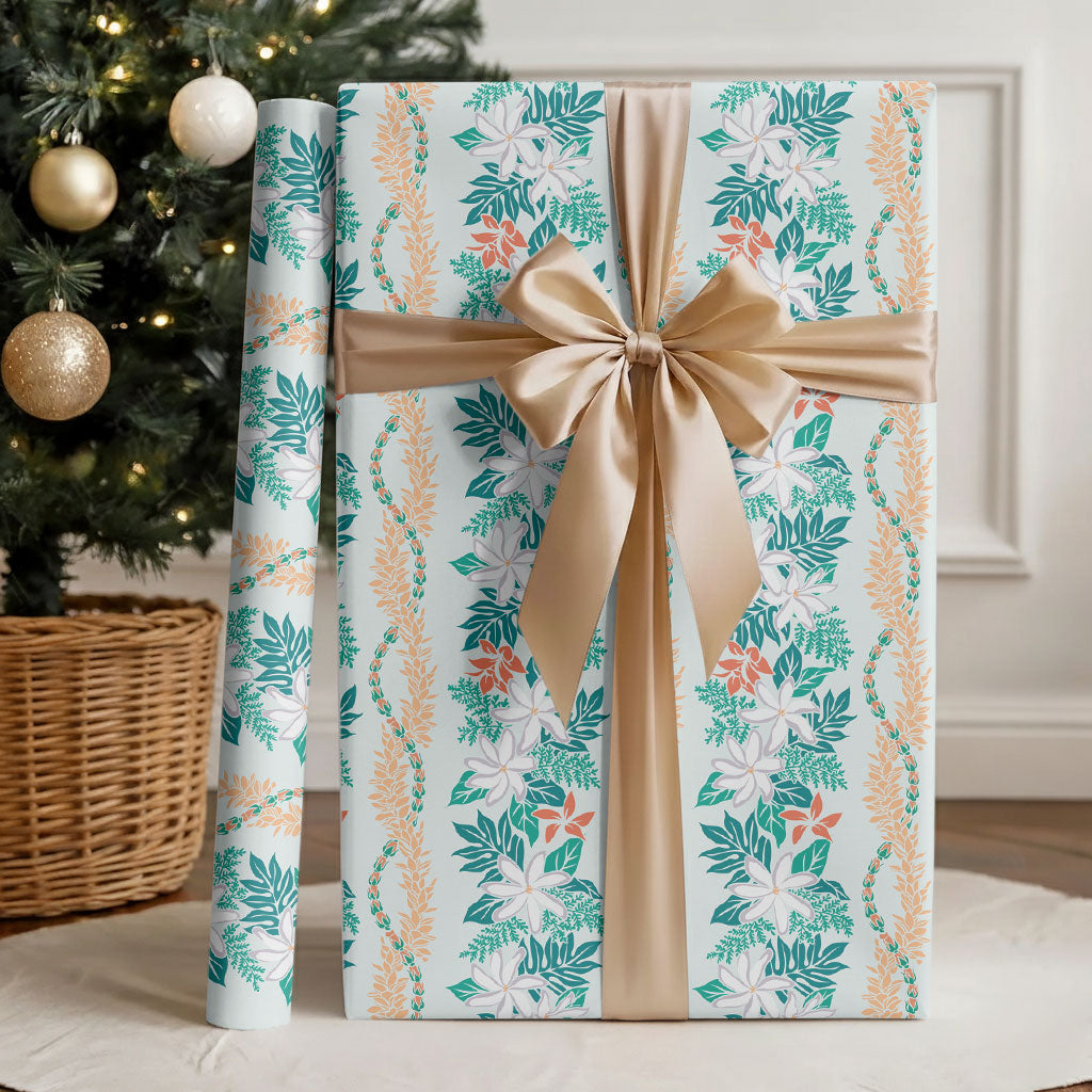 Monstera Tiare Plumeria Lei Pattern Wrapping Paper Teal Version LT01 - Polynesian Pride