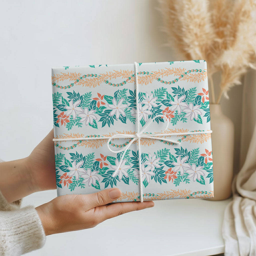 Monstera Tiare Plumeria Lei Pattern Wrapping Paper Teal Version LT01 - Polynesian Pride
