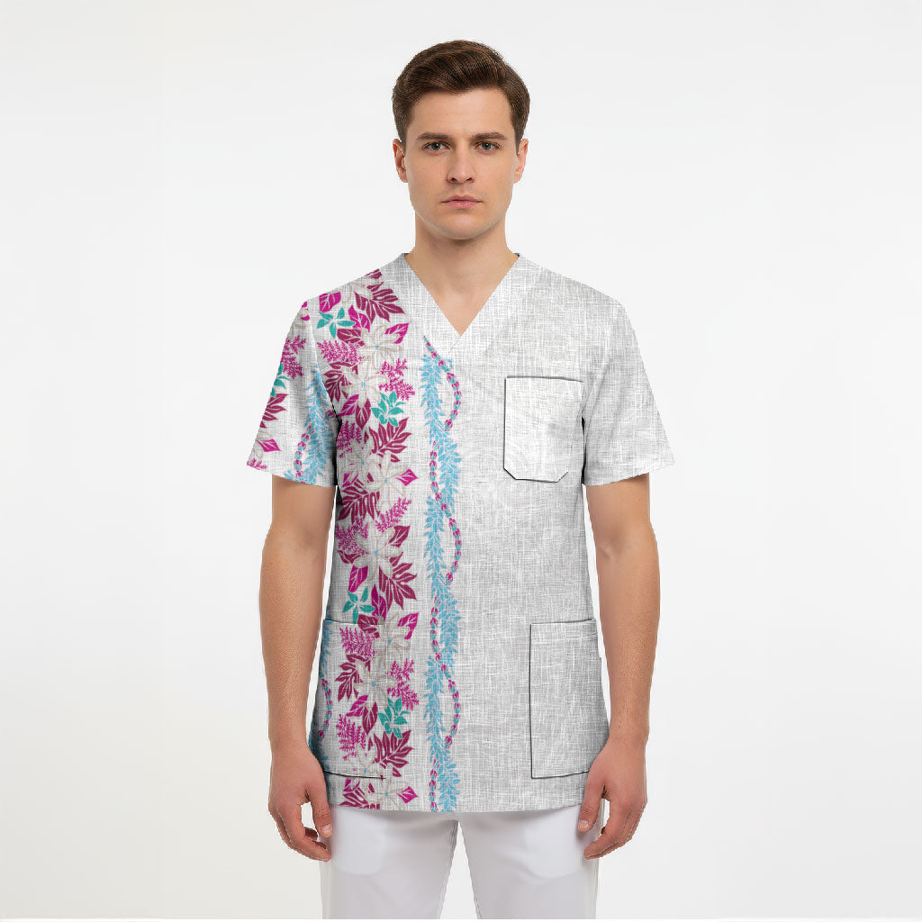 Monstera Tiare Plumeria Scrub Top Pink Polynesian Pattern LT01 - Polynesian Pride
