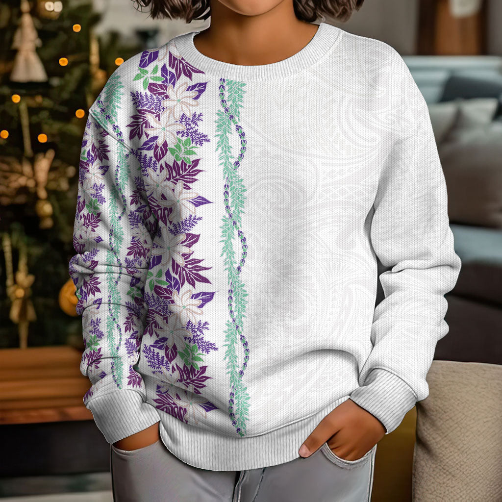 Monstera Tiare Plumeria Kid Ugly Christmas Sweater Purple Polynesian Pattern LT01 - Polynesian Pride