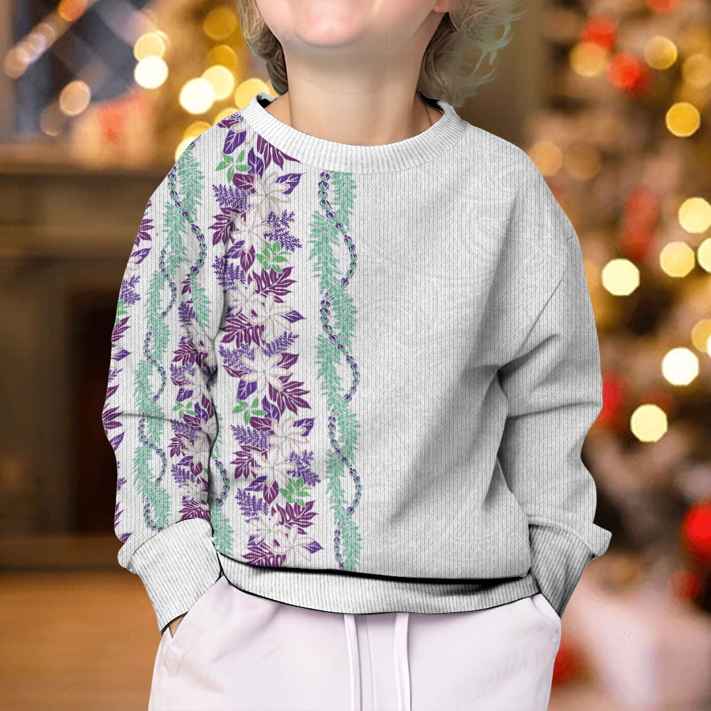 Monstera Tiare Plumeria Kid Ugly Christmas Sweater Purple Polynesian Pattern LT01 - Polynesian Pride