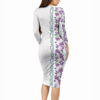 Monstera Tiare Plumeria Long Sleeve Bodycon Dress Purple Polynesian Pattern LT01 - Polynesian Pride