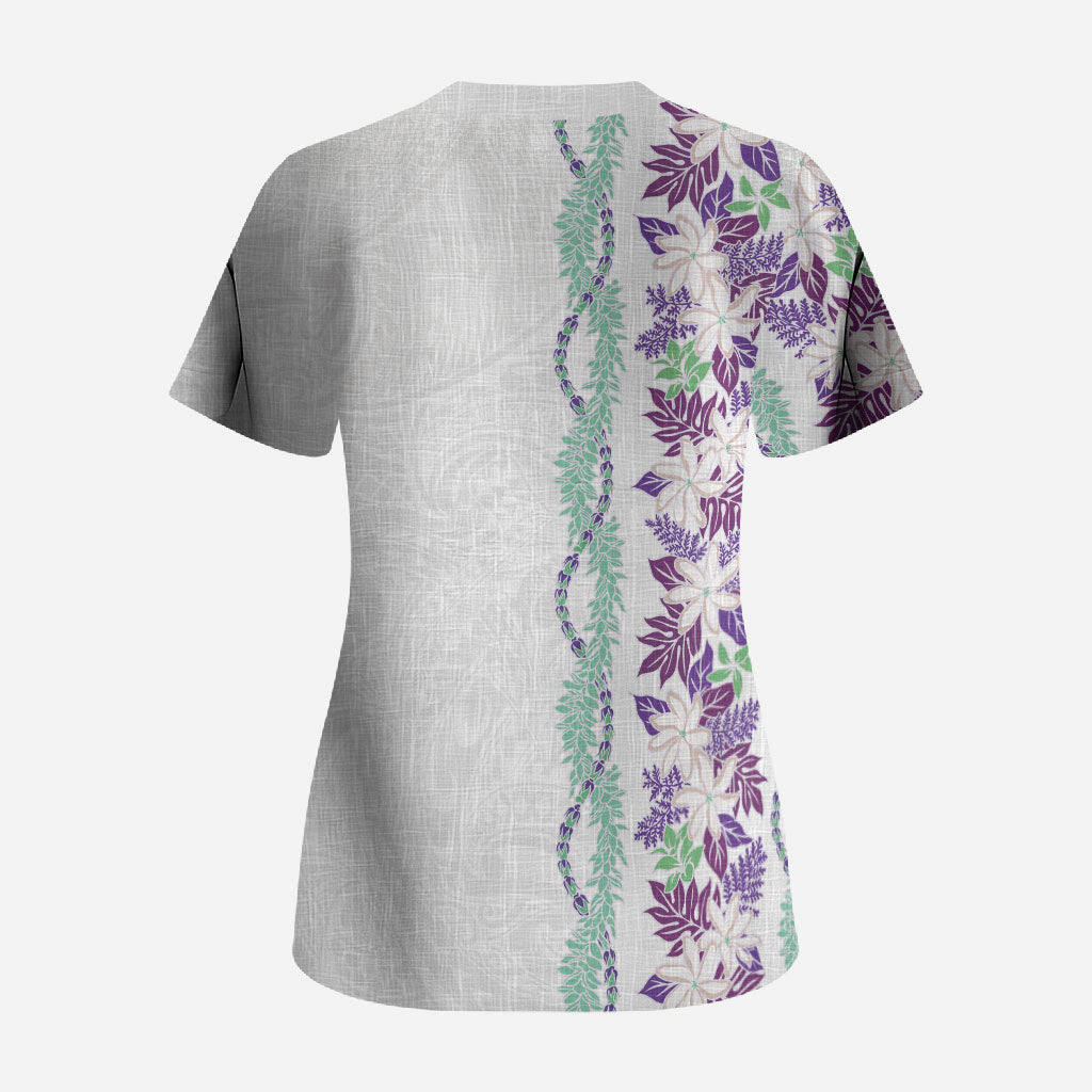 Monstera Tiare Plumeria Scrub Top Purple Polynesian Pattern LT01 - Polynesian Pride