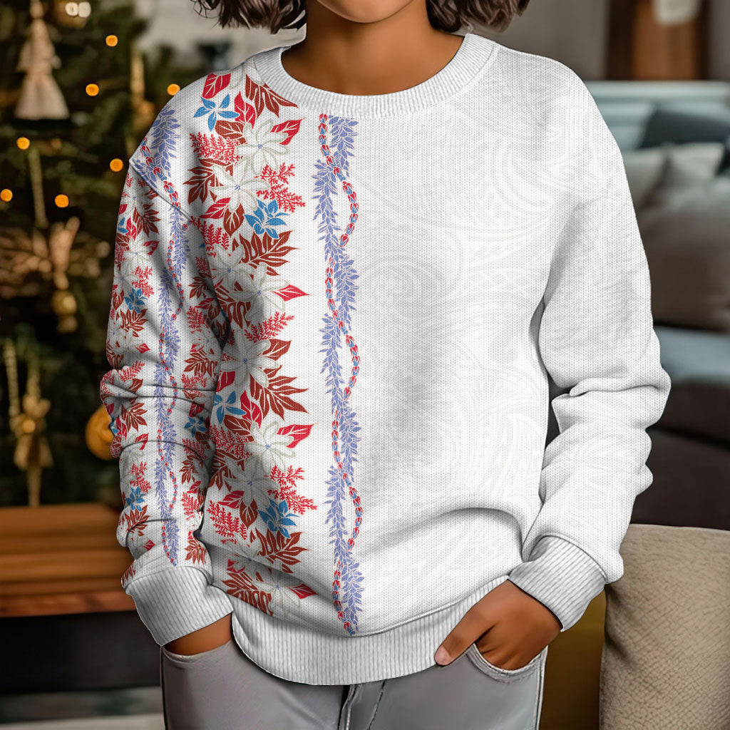 Monstera Tiare Plumeria Kid Ugly Christmas Sweater Red Polynesian Pattern LT01 - Polynesian Pride
