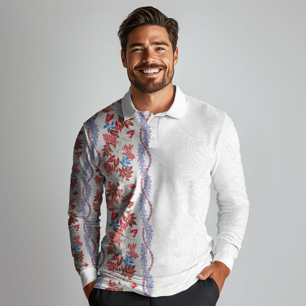 Monstera Tiare Plumeria Long Sleeve Polo Shirt Red Polynesian Pattern LT01 - Polynesian Pride
