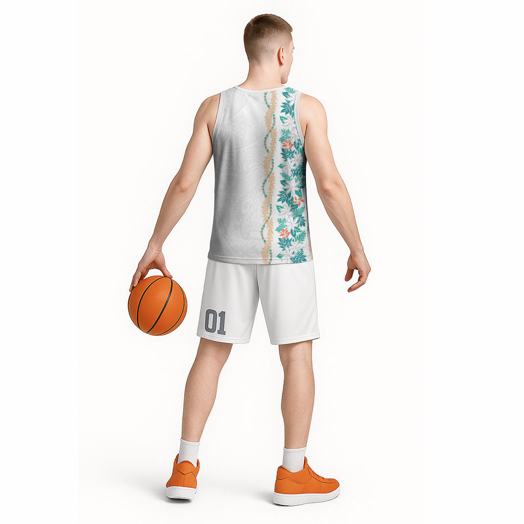 Monstera Tiare Plumeria Basketball Jersey Teal Polynesian Pattern LT01 - Polynesian Pride