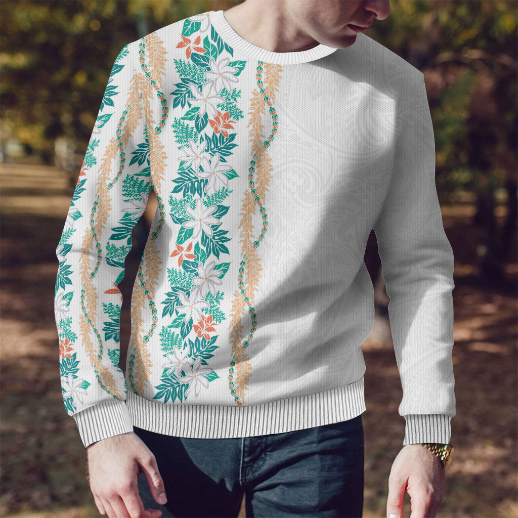 Monstera Tiare Plumeria Ugly Christmas Sweater Teal Polynesian Pattern LT01 - Polynesian Pride