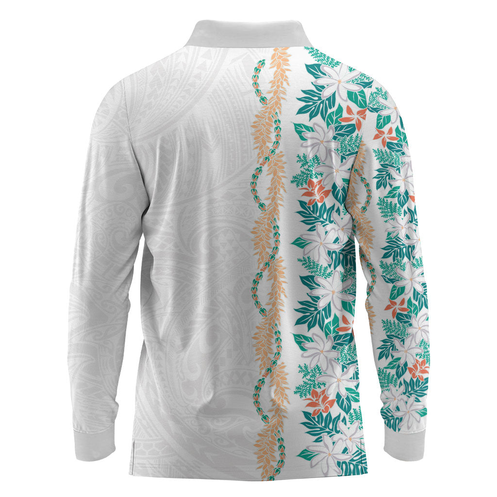 Monstera Tiare Plumeria Long Sleeve Polo Shirt Teal Polynesian Pattern LT01 - Polynesian Pride