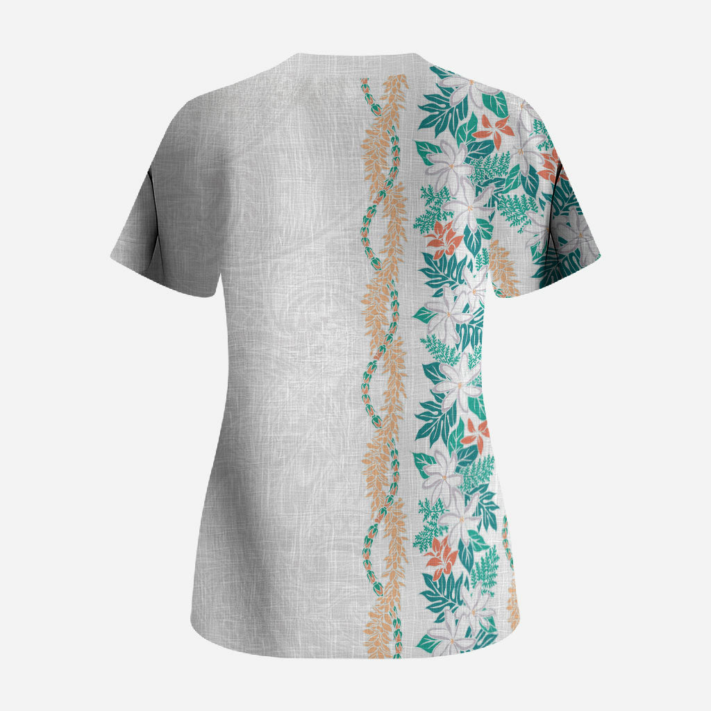 Monstera Tiare Plumeria Scrub Top Teal Polynesian Pattern LT01 - Polynesian Pride