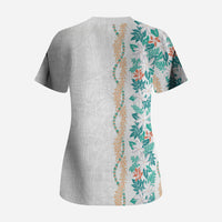 Monstera Tiare Plumeria Scrub Top Teal Polynesian Pattern LT01 - Polynesian Pride