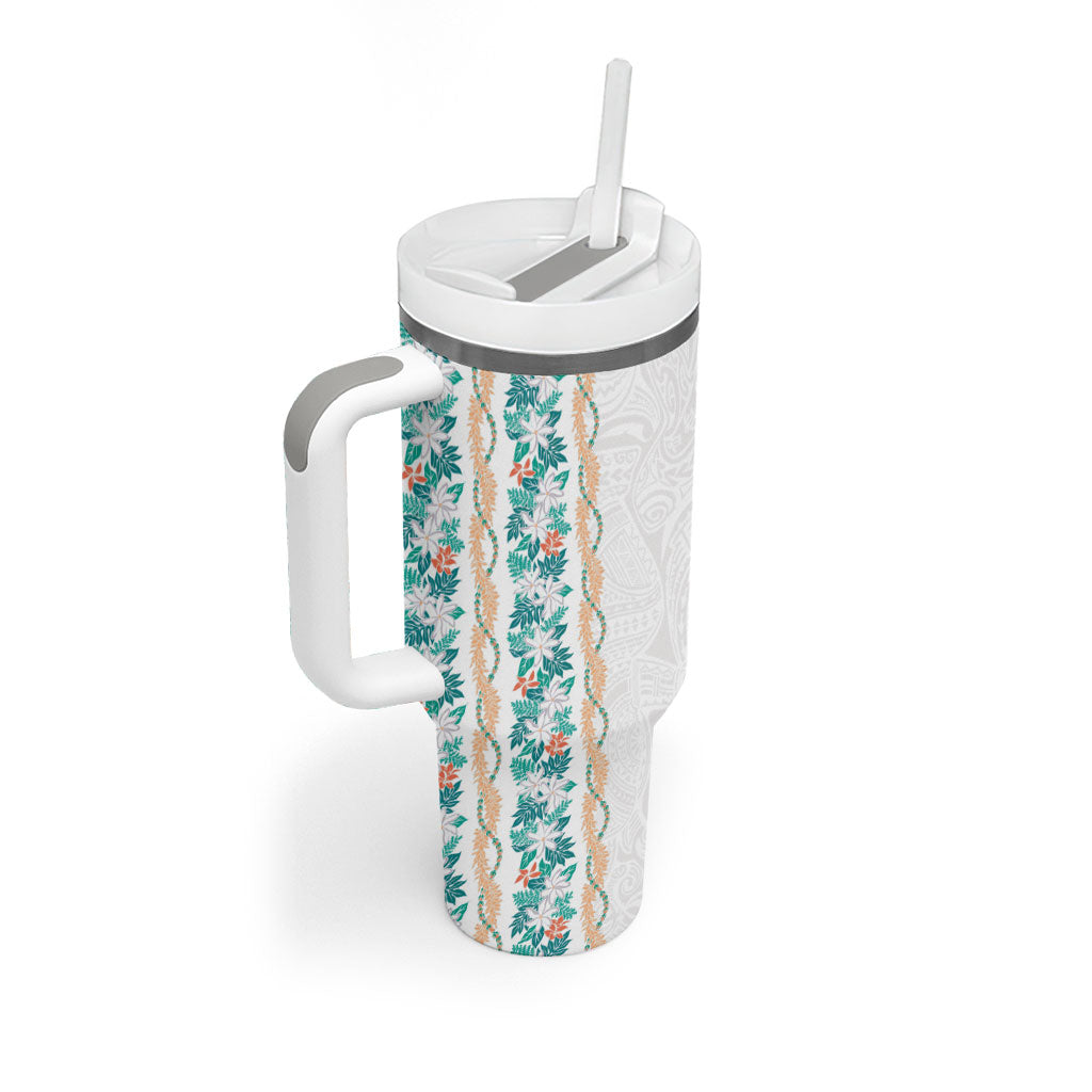 Monstera Tiare Plumeria Tumbler With Handle Teal Polynesian Pattern LT01 - Polynesian Pride