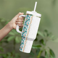 Monstera Tiare Plumeria Tumbler With Handle Teal Polynesian Pattern LT01 - Polynesian Pride