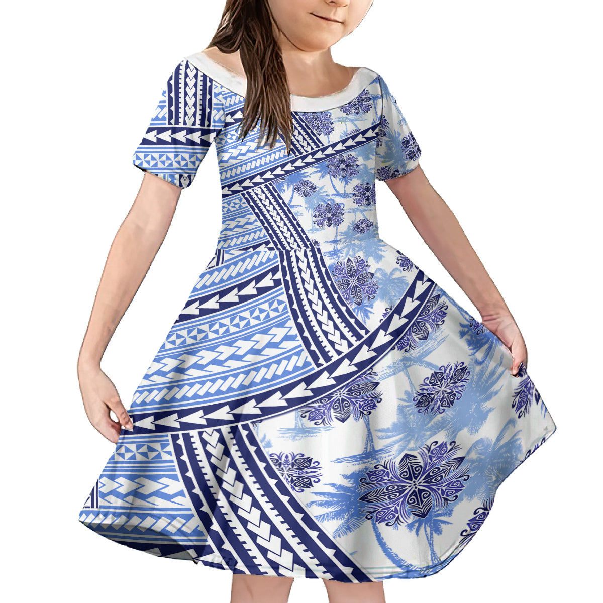 Hawaii Quilt Family Matching Off Shoulder Maxi Dress and Hawaiian Shirt Kakau Polynesian Pattern Blue Version LT01 Daughter's Dress Blue - Polynesian Pride