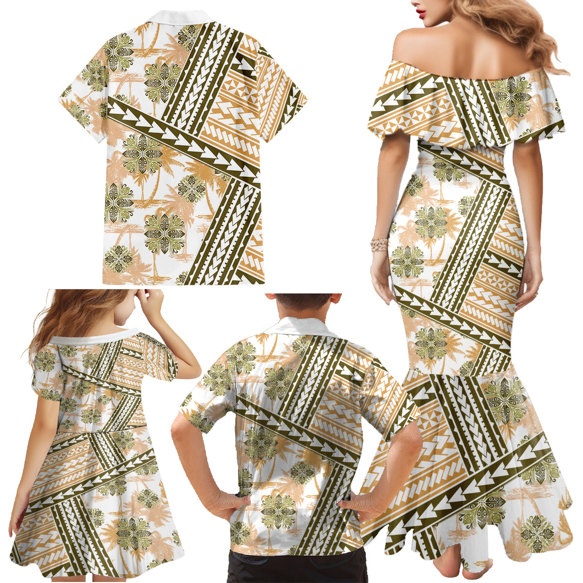 Hawaii Quilt Family Matching Mermaid Dress and Hawaiian Shirt Kakau Polynesian Pattern Gold Version LT01 - Polynesian Pride