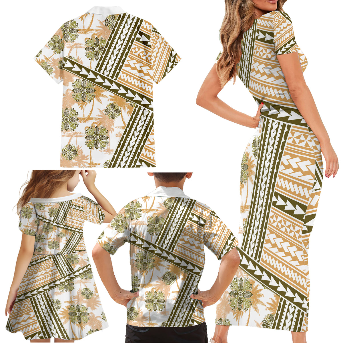 Hawaii Quilt Family Matching Short Sleeve Bodycon Dress and Hawaiian Shirt Kakau Polynesian Pattern Gold Version LT01 - Polynesian Pride